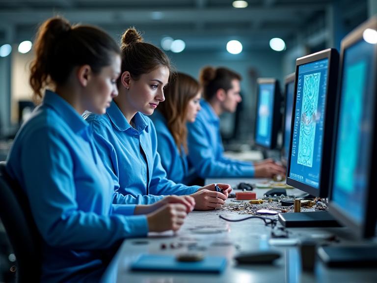 Equipo de trabajo en taller de precisión